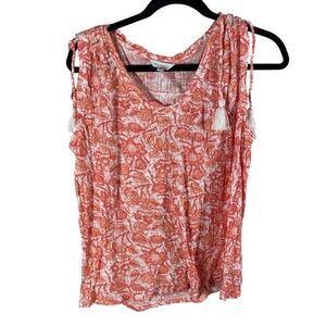 Lucky Band Floral Sleeveless Top Coral and White with tassels
